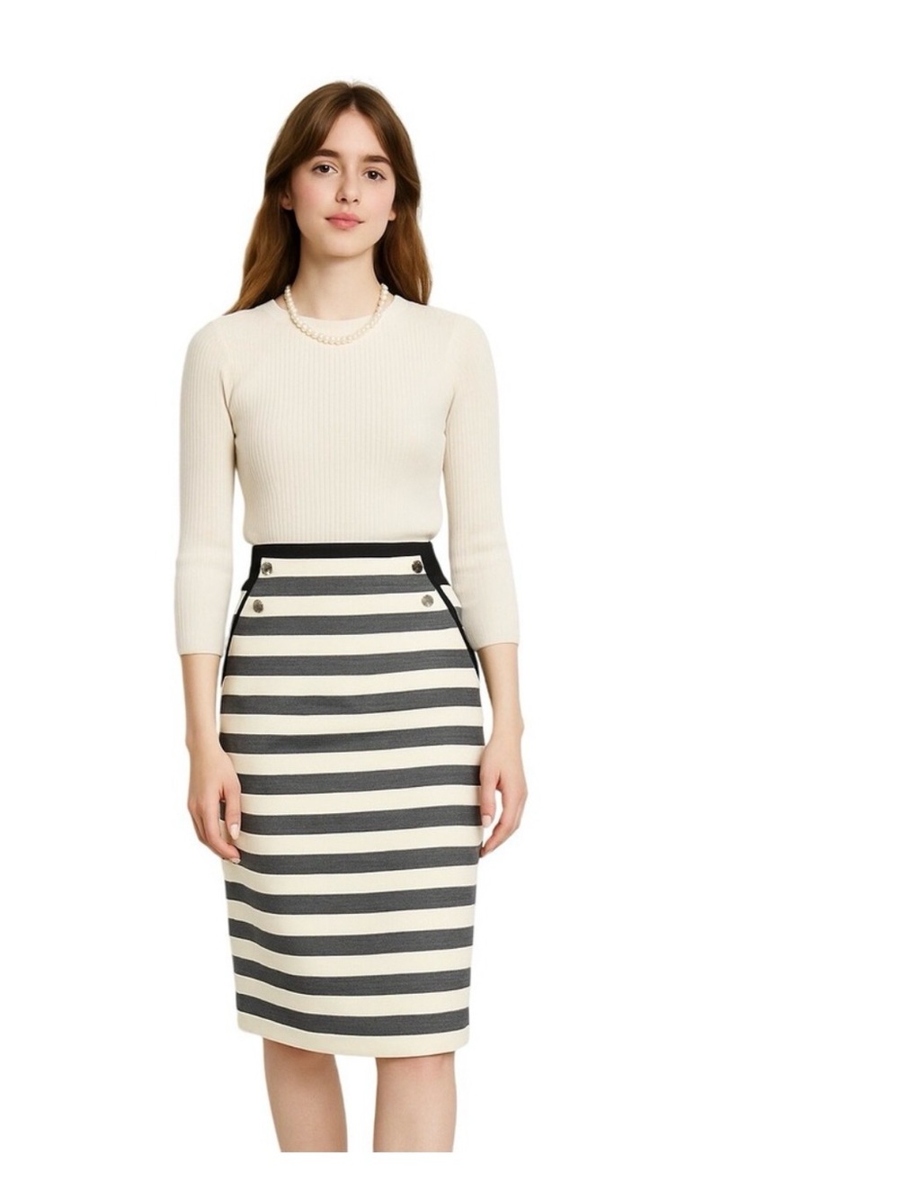 KAREN MILLEN‎ Striped Nautical Pencil Skirt Button Detail Black White Size 4